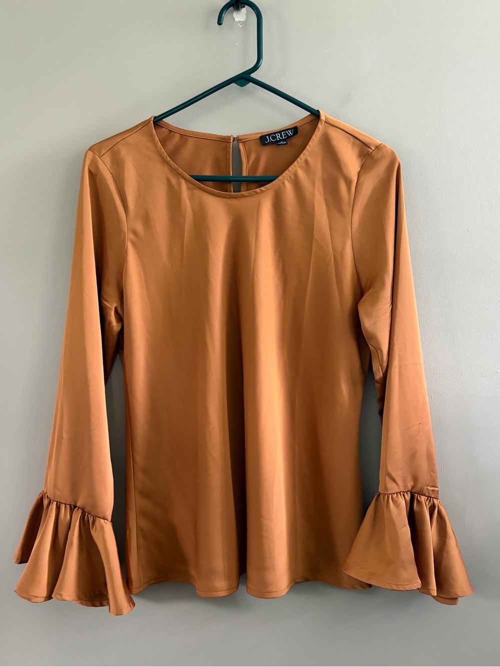 J. Crew Women's Bell Sleeve Satin Blouse Size M Copper Gold